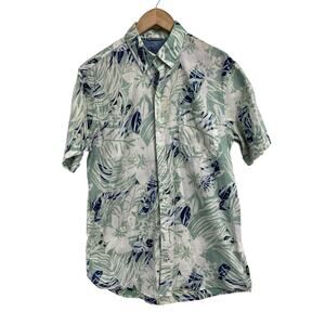 Izod Saltwater Blue Green Leaf Hawaiian Style Short Sleeve Shirt Medium Cotton